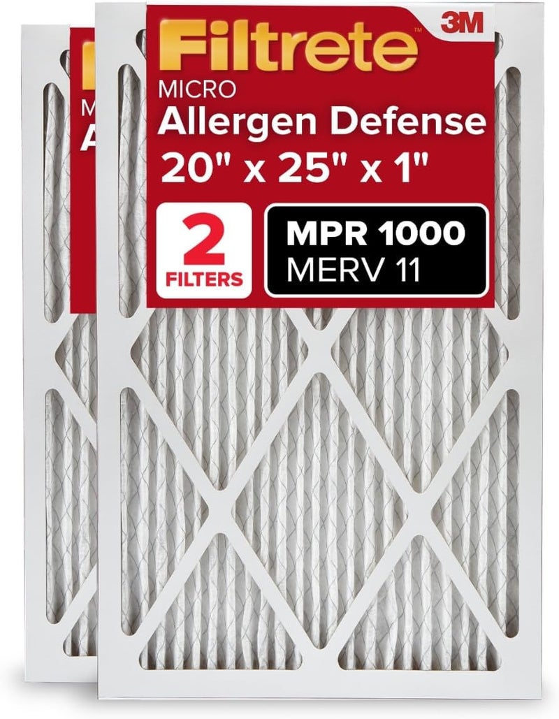 FILTRETE 20x25x1 AC Furnace Air Filter, MERV 11, MPR 1000, Micro Allergen Defense, 3-Month Pleated 1-Inch Electrostatic Air Cleaning Filter, 2 Pack (Actual Size 19.688 x 24.688 x 0.84 in) - Image 1